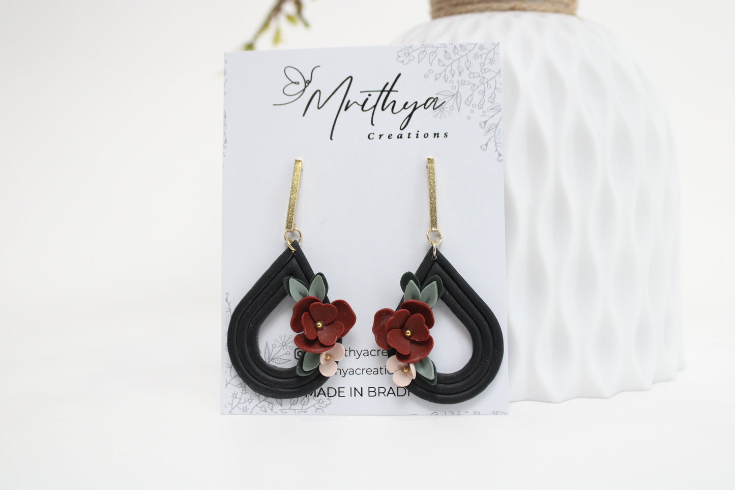Black Floral T drop earring