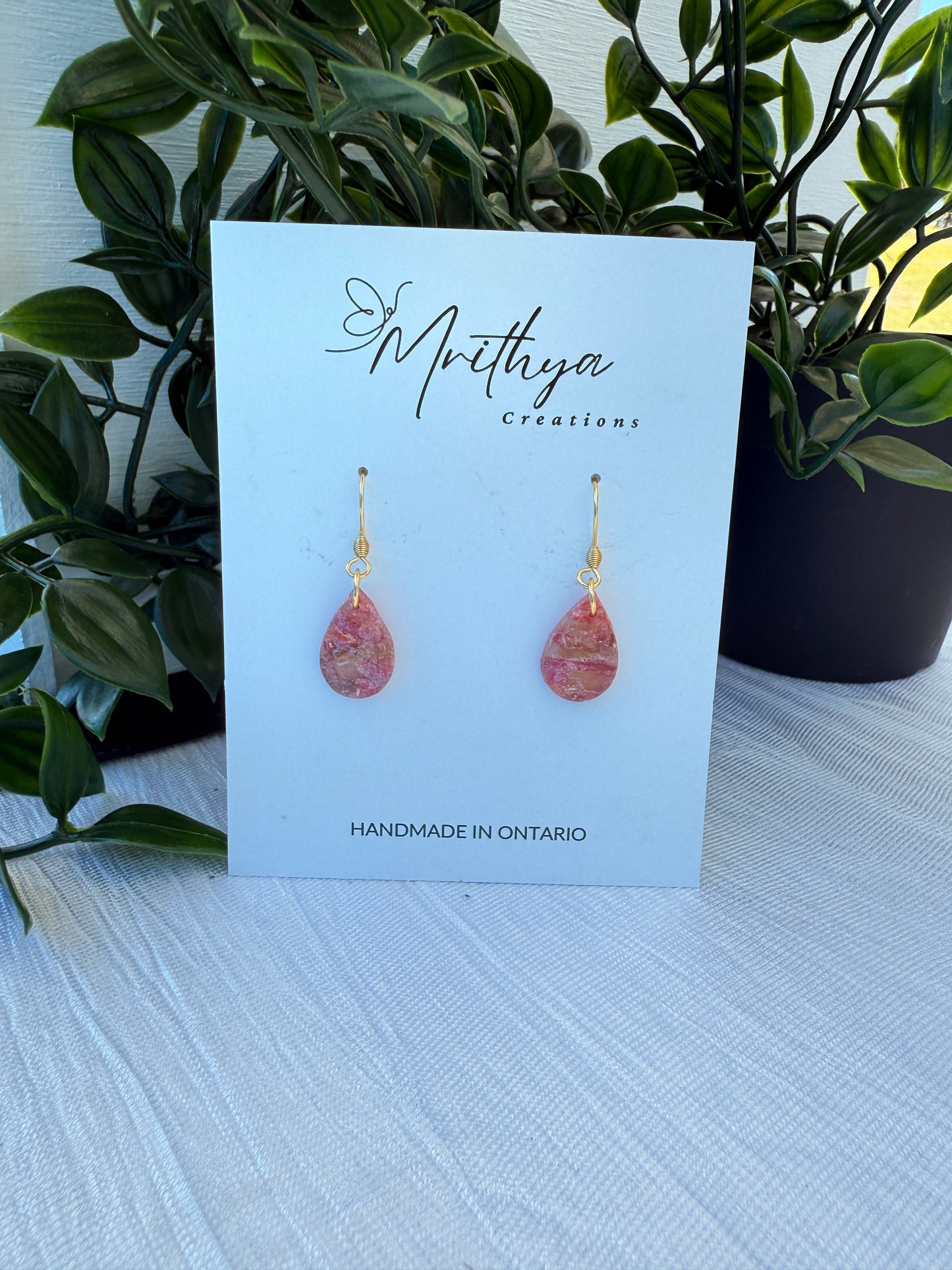 Pink tear drop earring