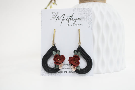 Black Floral T drop earring
