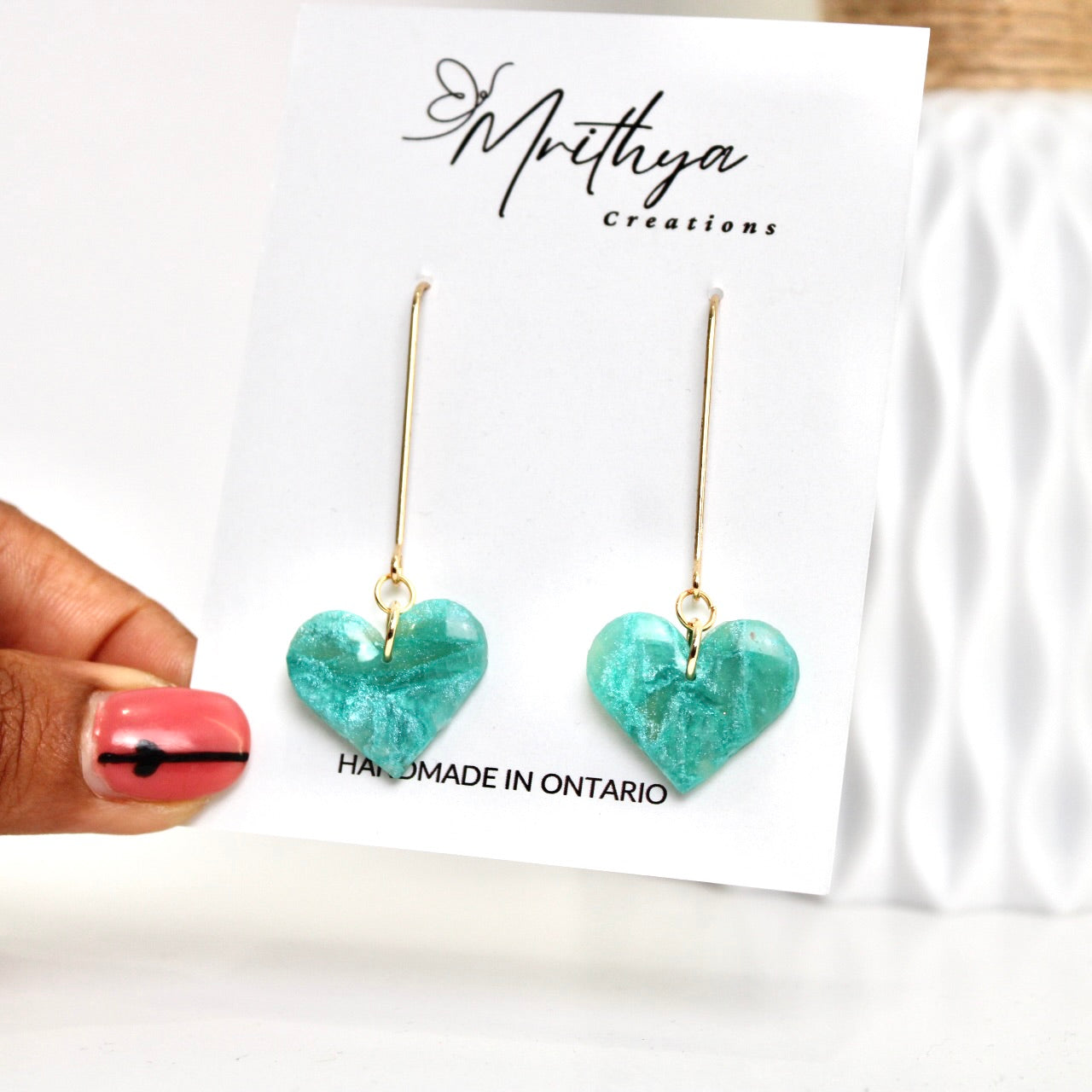 Teal Dangling heart earring