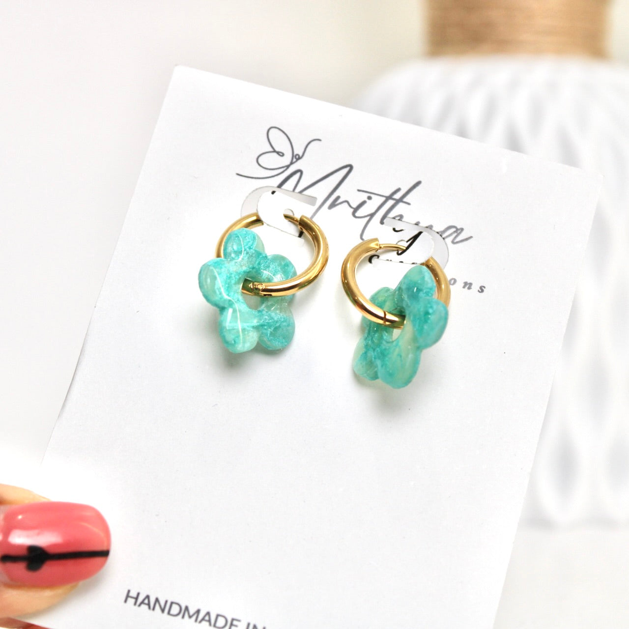 Teal flower hoops